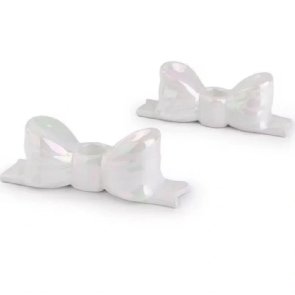 New! Set of 2 Bow Candle Taper Holders, Ceramic White Iridescent